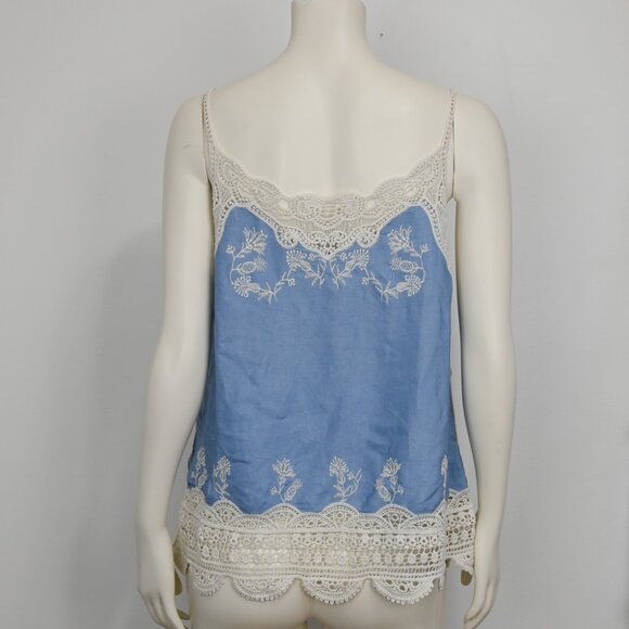 NWOT Embroidered Lace Crochet Trim Camisole Tank Top Cotton Blue and Cream - Picture 4 of 7